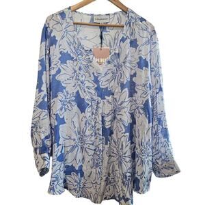 Alex & Parker Blouse Womens 3XL Blue Floral V-Neck Gold Accent Boho Relaxed